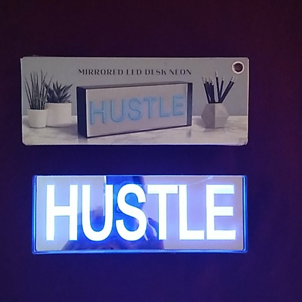 BLUE NEON "HUSTLE", MIRRORED LED DESK